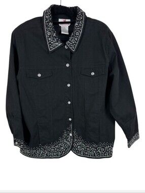 Quacker Factory Black  Jean Jacket with Silver Crystal-Stud Collar & Hem